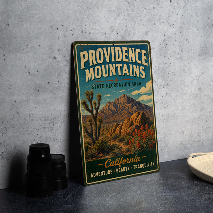 A vintage metal sign for Providence Mountains, a state recreation area in California, featuring a desert landscape with mountains, cacti, and colorful flowers.