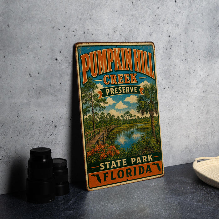 A vintage-style metal sign for Pumpkin Hill Creek Preserve in Florida, featuring a scenic illustration of the park's landscape.