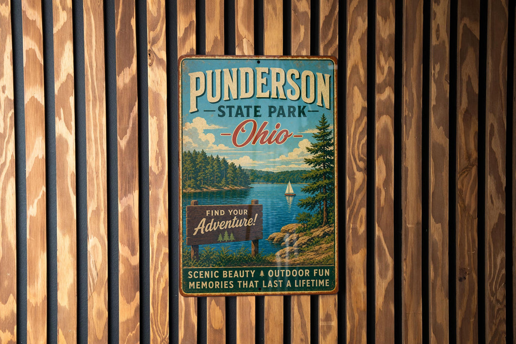 A vintage metal sign for Punderton State Park in Ohio, featuring a scenic landscape with a lake, pine trees, and a sailboat.