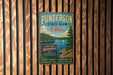 A vintage metal sign for Punderton State Park in Ohio, featuring a scenic landscape with a lake, pine trees, and a sailboat.