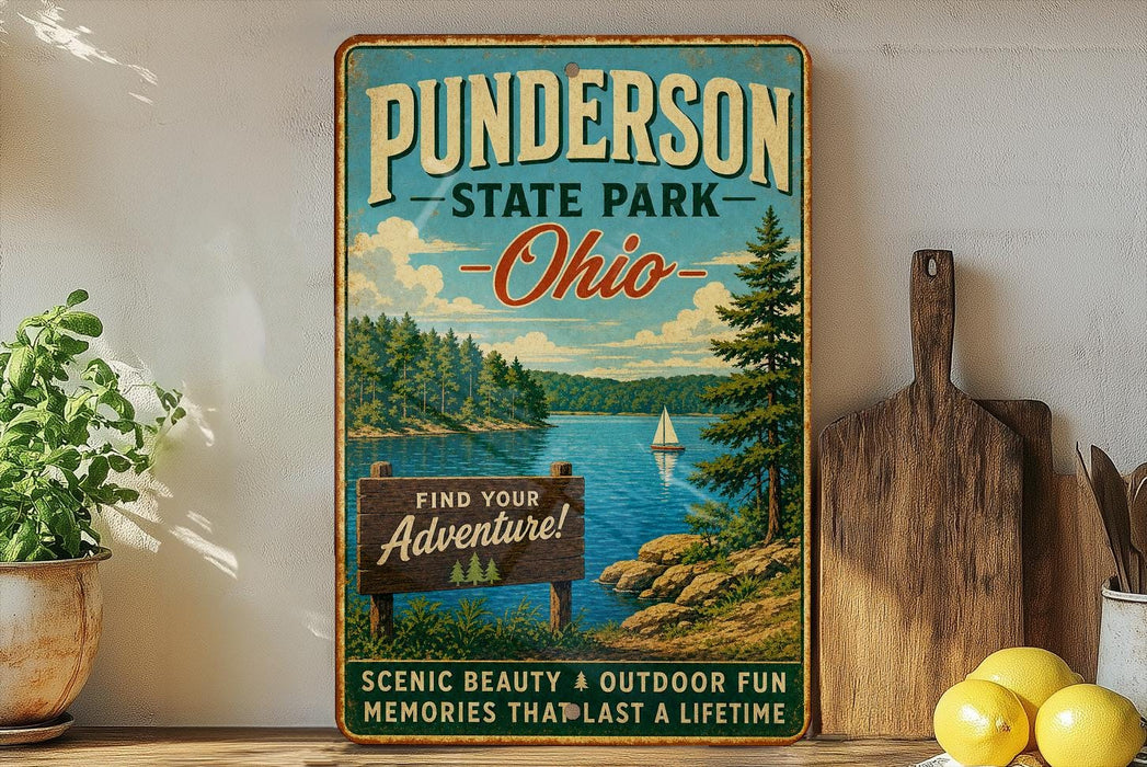 A vintage-style sign for Punderton State Park in Ohio, featuring a scenic lake and mountains, with a wooden sign that says "Find your adventure!" and a message about the park's scenic beauty and outdoor fun.