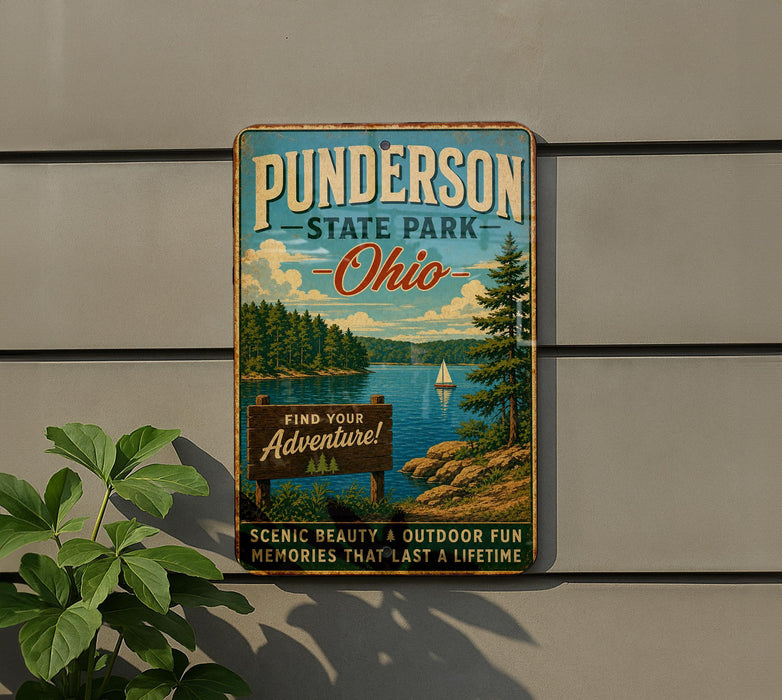 A vintage metal sign for Punderton State Park in Ohio, featuring a scenic landscape with a lake, pine trees, and a sailboat.