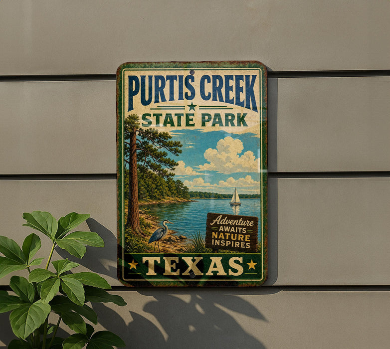 A vintage-style metal sign for Purtis Creek State Park in Texas, featuring a scenic landscape with a lake, trees, and a sailboat.