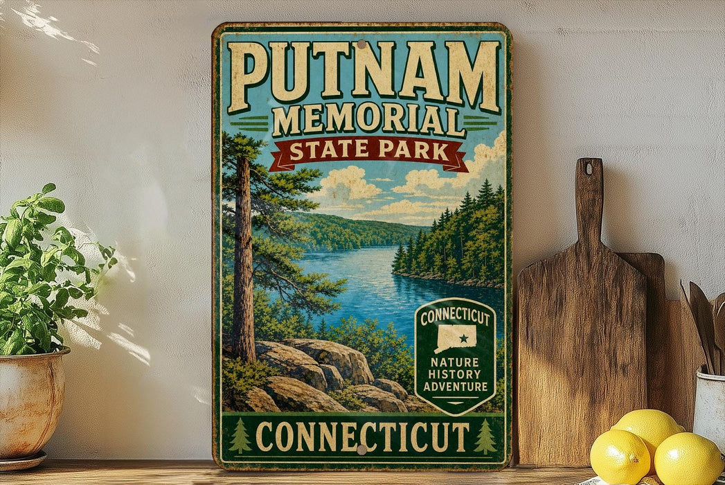 A vintage-style sign for Putnam Memorial State Park in Connecticut, featuring a scenic landscape with a lake and pine trees.