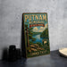 A vintage metal sign for Putnam Memorial State Park in Connecticut, featuring a scenic landscape with a lake and pine trees.