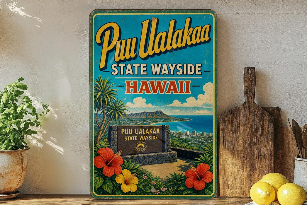 A vintage-style metal sign advertising Pu'uh Ualakaa State Wayside in Hawaii, featuring a tropical landscape with palm trees, flowers, and a sign for Pu'uh Ualakaa State Wayside.