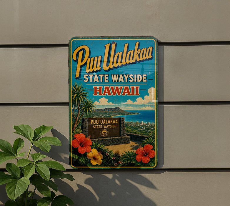 A vintage-style sign for Pu'uh Ualakaa State Wayside in Hawaii, featuring a tropical landscape with palm trees, flowers, and a beach.