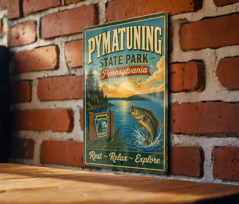 A vintage-style sign for Pennsylvania State Park, featuring a fish jumping out of the water and a scenic landscape.
