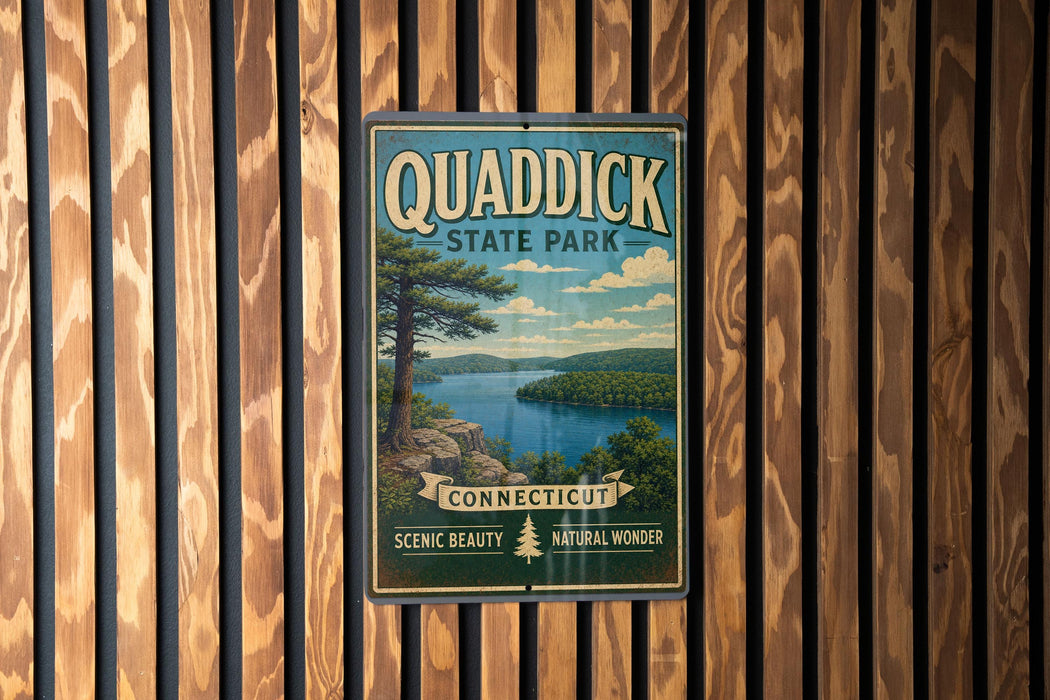 A vintage-style sign for Quad Dick State Park, featuring a scenic landscape with a lake and mountains in the background.