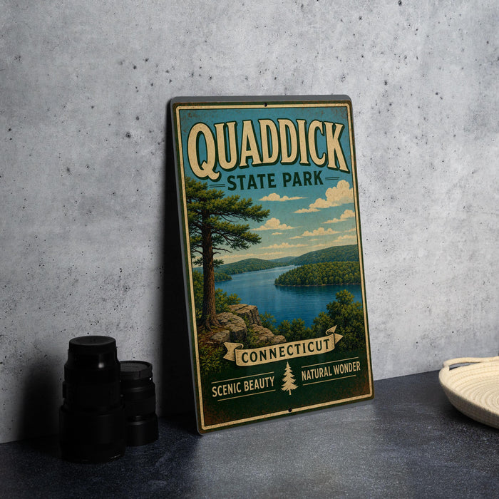 A vintage-style metal sign for Quaddick State Park in Connecticut, featuring a scenic landscape with a lake and mountains.