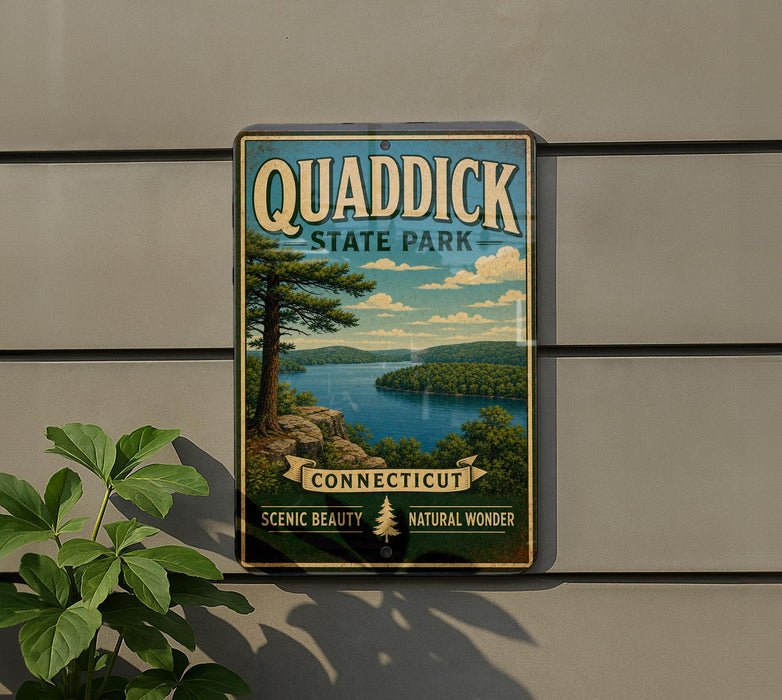 A vintage-style sign for Quaddick State Park, featuring a scenic landscape with a lake and mountains in the background.