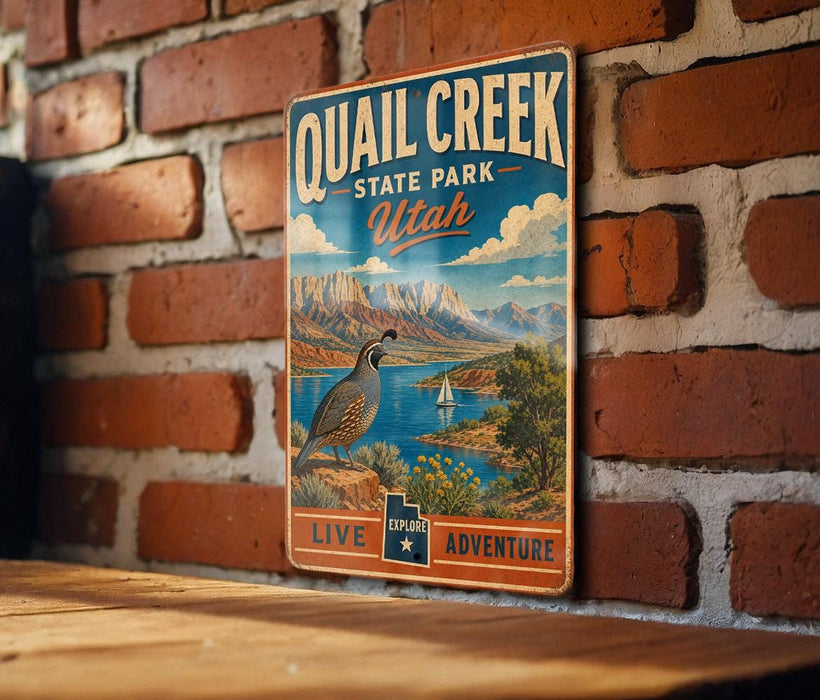 A vintage metal sign for Quail Creek State Park in Utah, featuring a scenic illustration of the park's landscape and a quail bird.