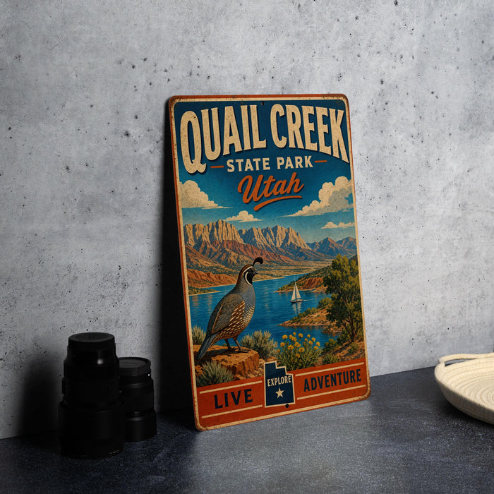A vintage-style metal sign for Quail Creek State Park in Utah, featuring a scenic landscape with mountains, a lake, and a bird.