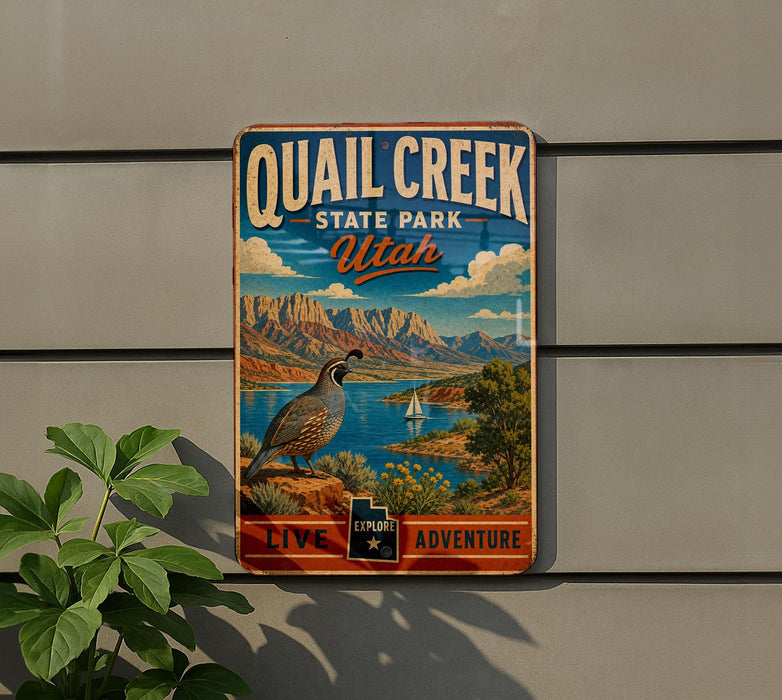 a vintage-style metal sign for Quail Creek State Park in Utah, with a scenic landscape of mountains, a river, and a bird in the foreground.