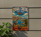 a vintage-style metal sign for Quail Creek State Park in Utah, with a scenic landscape of mountains, a river, and a bird in the foreground.