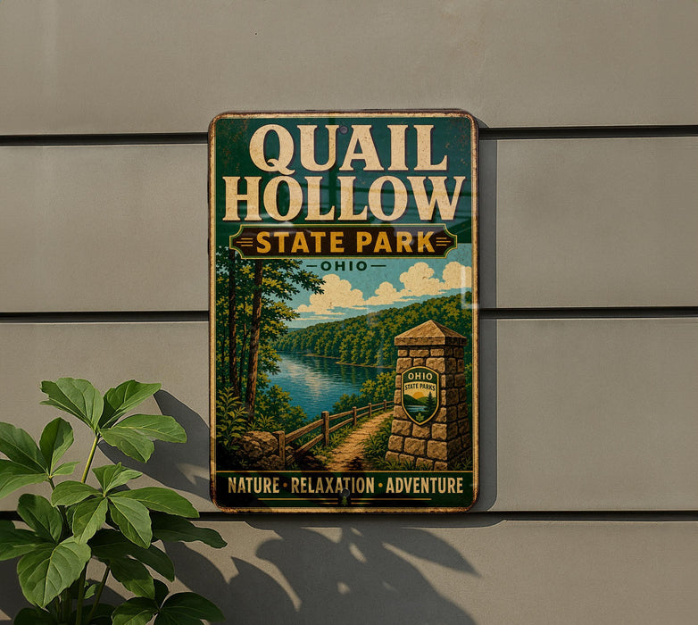 A vintage metal sign for Quail Hollow State Park in Ohio, featuring a scenic landscape with a river, trees, and a stone marker.