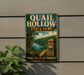 A vintage metal sign for Quail Hollow State Park in Ohio, featuring a scenic landscape with a river, trees, and a stone marker.
