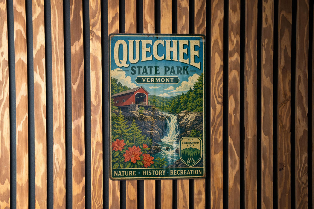 A vintage metal sign for Quechee State Park in Vermont, featuring a scenic image of a waterfall and a red wooden bridge.