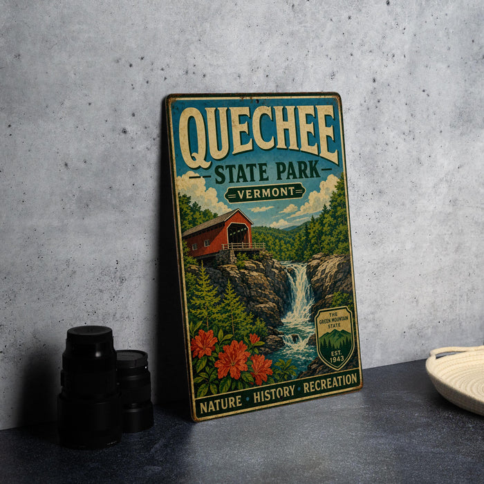 A vintage metal sign for Quechhee State Park in Vermont, featuring a scenic illustration of a waterfall and a red-roofed cabin.