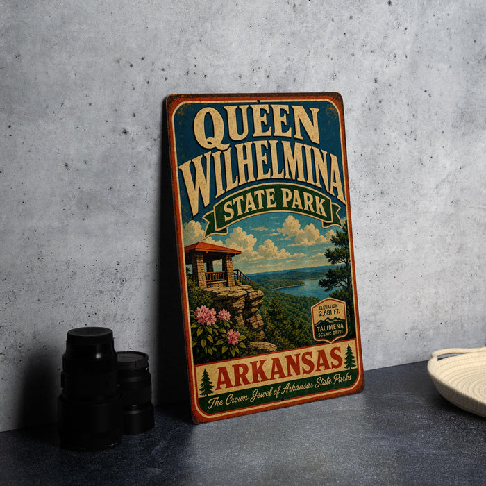 A vintage-style sign for Queen Wilhelmina State Park in Arkansas, featuring a scenic landscape with a cliff, a cabin, and a lake.