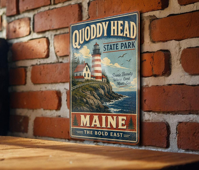 A vintage metal sign for Quoddy Head State Park in Maine, featuring a lighthouse and a coastal scene.
