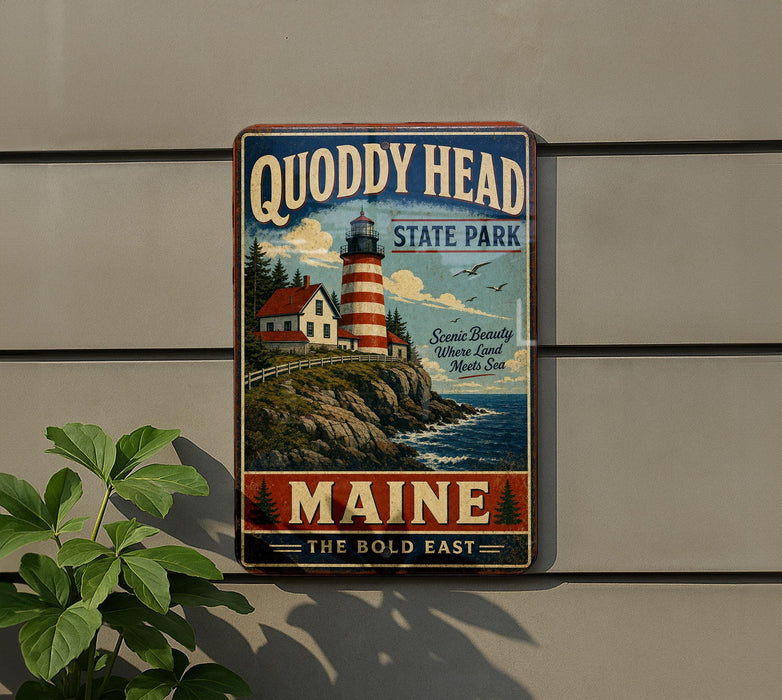 A vintage-style metal sign for Quoddy Head State Park in Maine, featuring a lighthouse and coastal scenery.