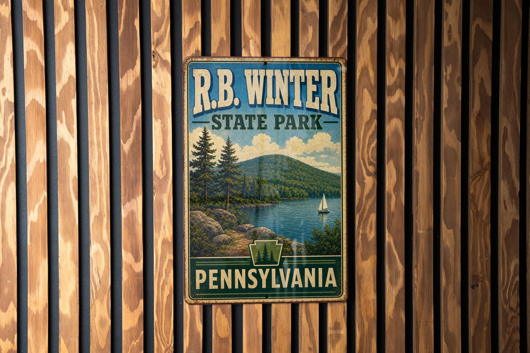 A vintage-style metal sign for R.B. Winter State Park in Pennsylvania, featuring a scenic landscape with a lake, mountains, and a sailboat.