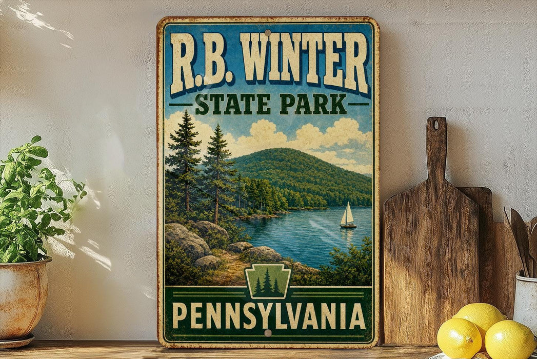 A vintage-style poster for R.B. Winter State Park in Pennsylvania, featuring a scenic landscape with a lake, mountains, and a sailboat.