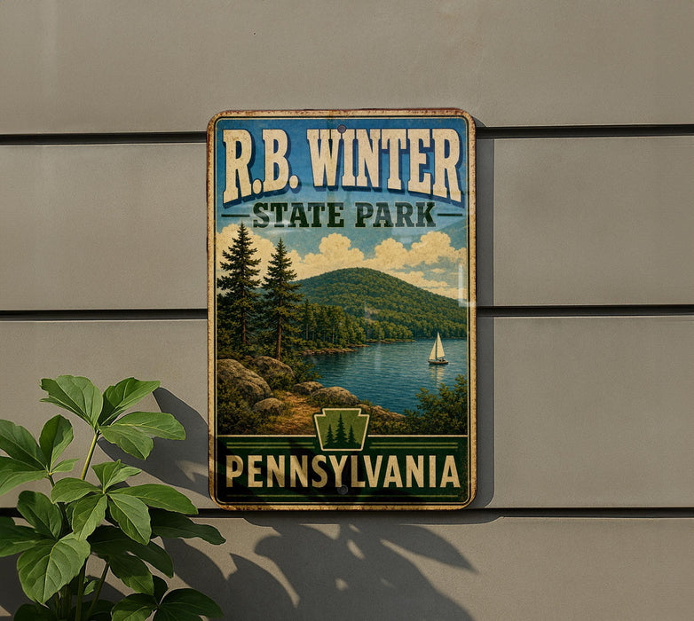 A vintage-style metal sign for R.B. Winter State Park in Pennsylvania, featuring a scenic landscape with a lake, mountains, and a sailboat.