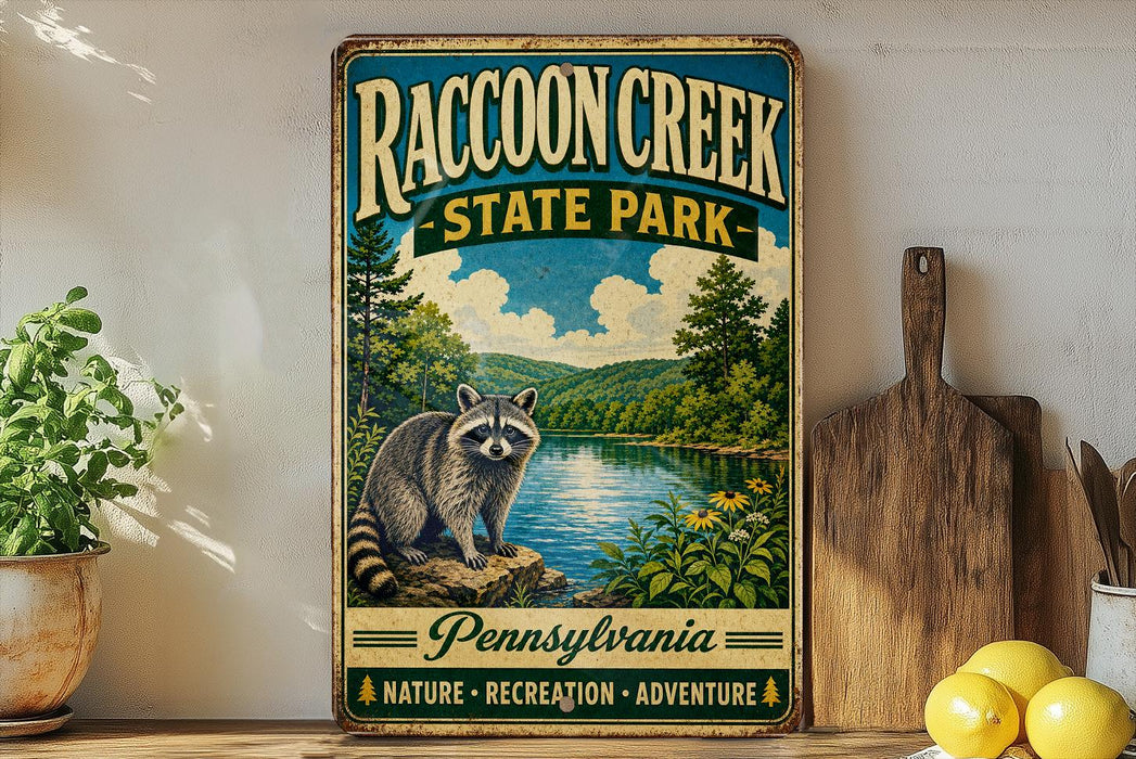 A vintage-style sign for Raccoon Creek State Park in Pennsylvania, featuring a raccoon on a rock overlooking a river surrounded by trees and mountains.