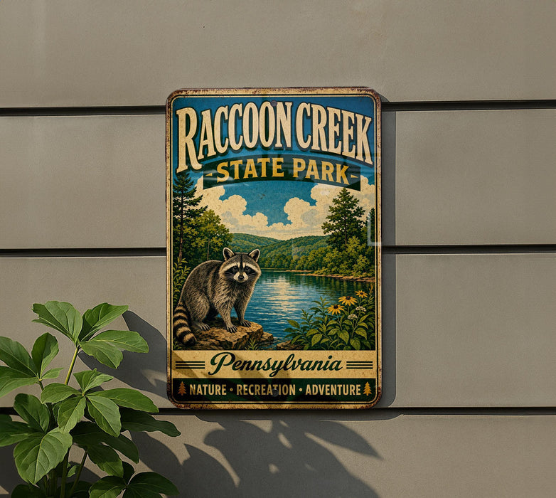 A vintage metal sign for Raccoon Creek State Park in Pennsylvania, featuring a raccoon and a scenic landscape.