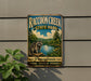 A vintage metal sign for Raccoon Creek State Park in Pennsylvania, featuring a raccoon and a scenic landscape.