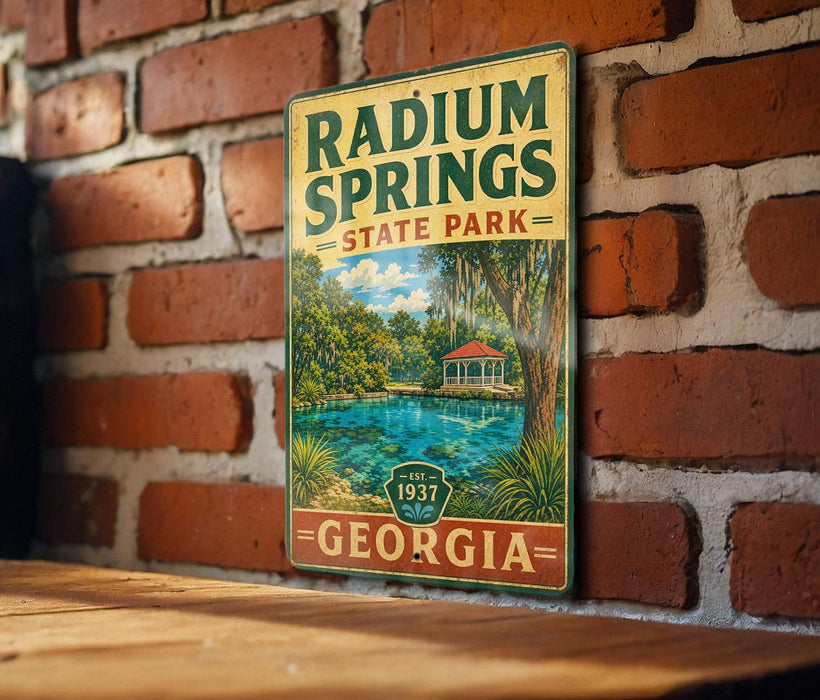 A vintage-style metal sign for Radium Springs State Park in Georgia, featuring a scenic illustration of the park's natural surroundings.