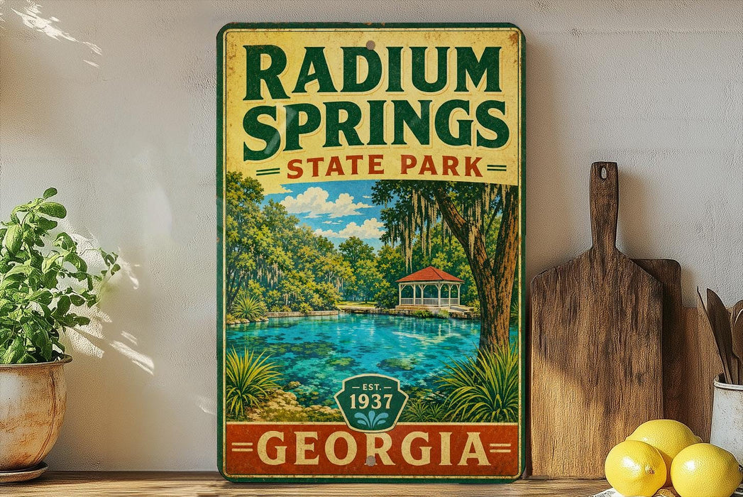 A vintage-style metal sign for Radium Springs State Park in Georgia, featuring a scenic illustration of the park's natural surroundings.