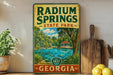 A vintage-style metal sign for Radium Springs State Park in Georgia, featuring a scenic illustration of the park's natural surroundings.