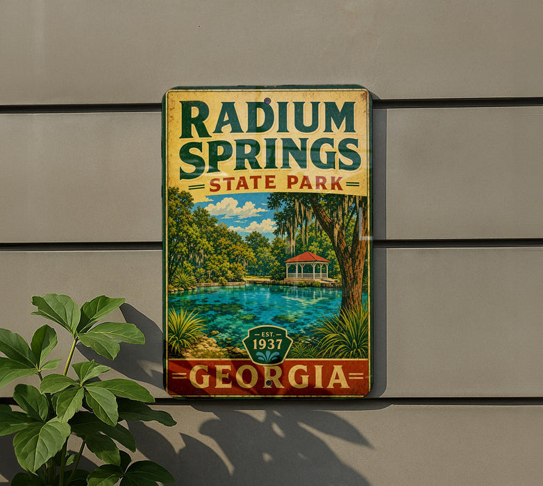 A vintage-style metal sign for Radium Springs State Park in Georgia, featuring a scenic landscape with a lake, palm trees, and a gazebo.