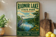 A vintage-style sign for Radnor Lake State Park in Tennessee, featuring a scenic illustration of a lake, a heron, and surrounding nature.