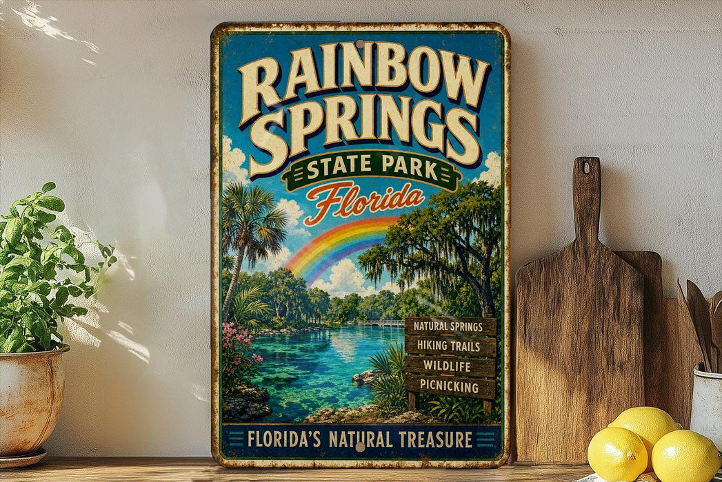 A vintage-style metal sign for Rainbow Springs State Park in Florida, featuring a colorful illustration of a tropical landscape with a rainbow, palm trees, and a lake.