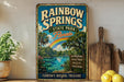 A vintage-style metal sign for Rainbow Springs State Park in Florida, featuring a colorful illustration of a tropical landscape with a rainbow, palm trees, and a lake.