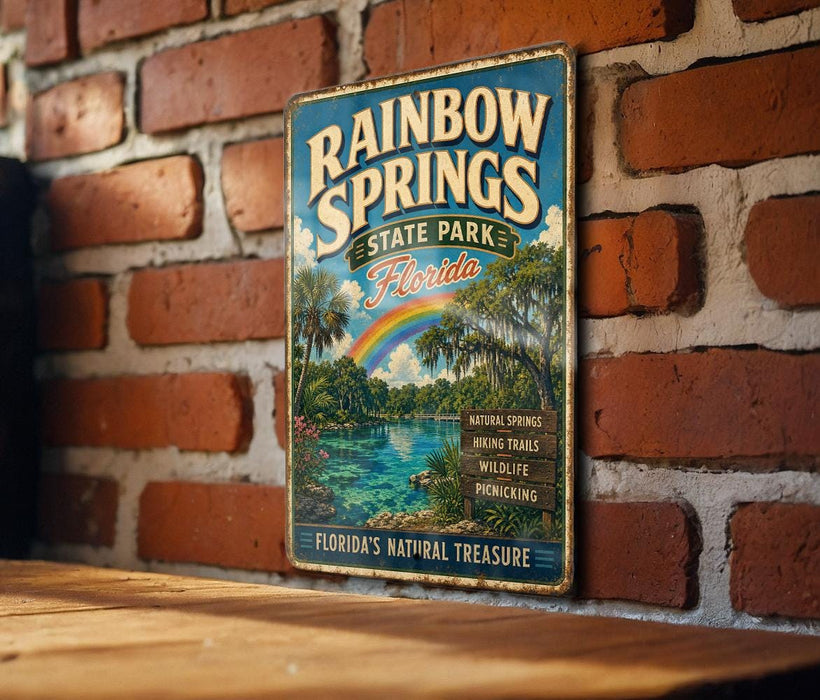 A vintage-style metal sign for Rainbow Springs State Park in Florida, featuring a scenic landscape with a rainbow, palm trees, and a lake.