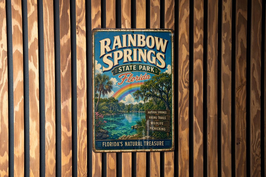 A vintage-style metal sign for Rainbow Springs State Park in Florida, featuring a tropical landscape with a rainbow, palm trees, and a body of water.