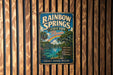A vintage-style metal sign for Rainbow Springs State Park in Florida, featuring a tropical landscape with a rainbow, palm trees, and a body of water.