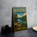 A vintage-style metal sign for Ralph Stover State Park in Pennsylvania, featuring a scenic landscape with a river, mountains, and pine trees.