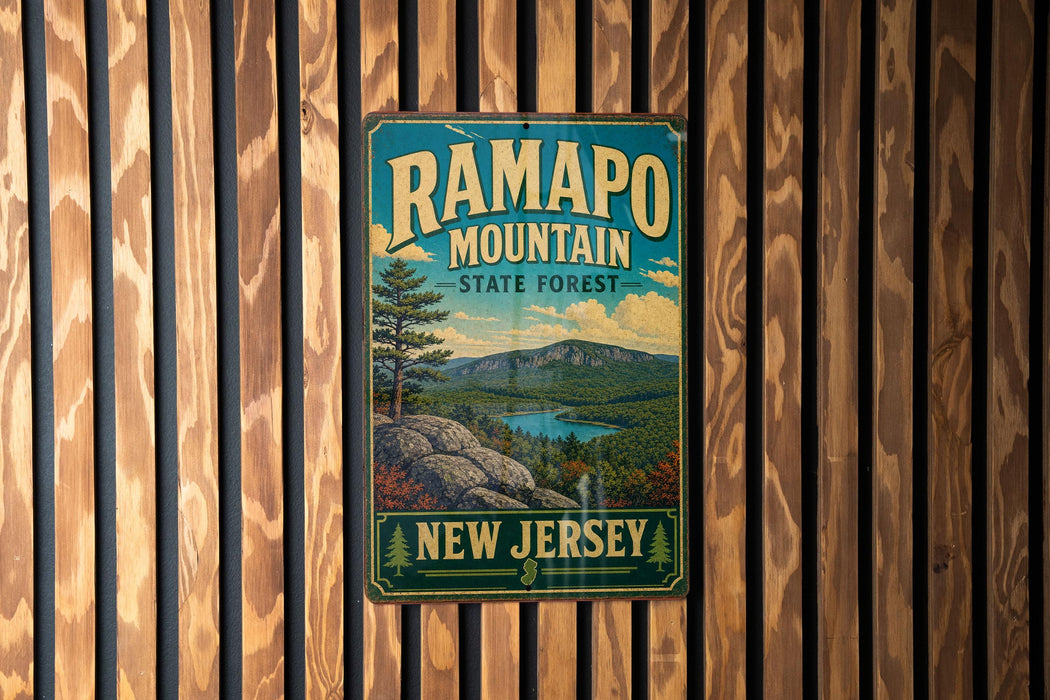 A vintage metal sign for Ramapo Mountain State Forest in New Jersey, featuring a scenic landscape with mountains, trees, and a lake.