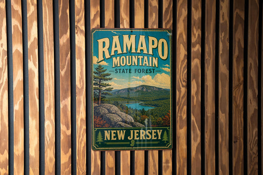 A vintage metal sign for Ramapo Mountain State Forest in New Jersey, featuring a scenic landscape with mountains, trees, and a lake.