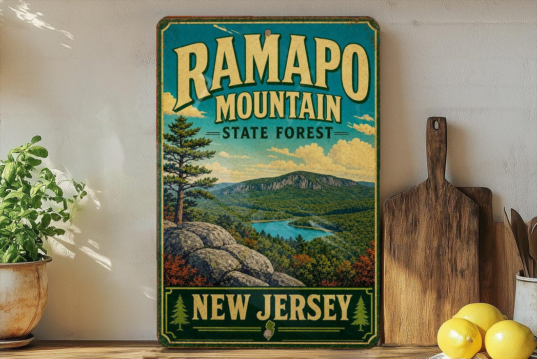 A vintage-style sign for Ramapo Mountain State Forest in New Jersey, featuring a scenic landscape with mountains, trees, and a river.