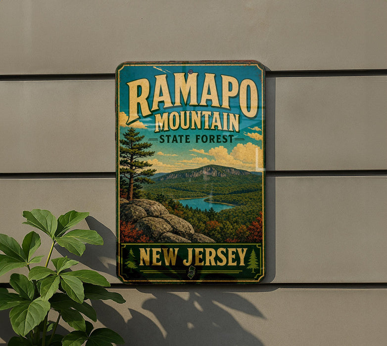 A vintage-style metal sign for Ramapo Mountain State Forest in New Jersey, featuring a scenic landscape with mountains, trees, and a lake.