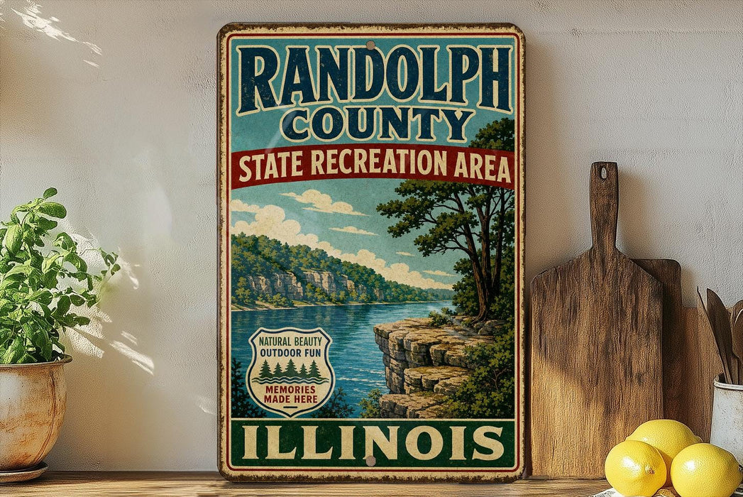 A vintage-style sign for Randolph County, Illinois, featuring a scenic landscape with a river, trees, and mountains.