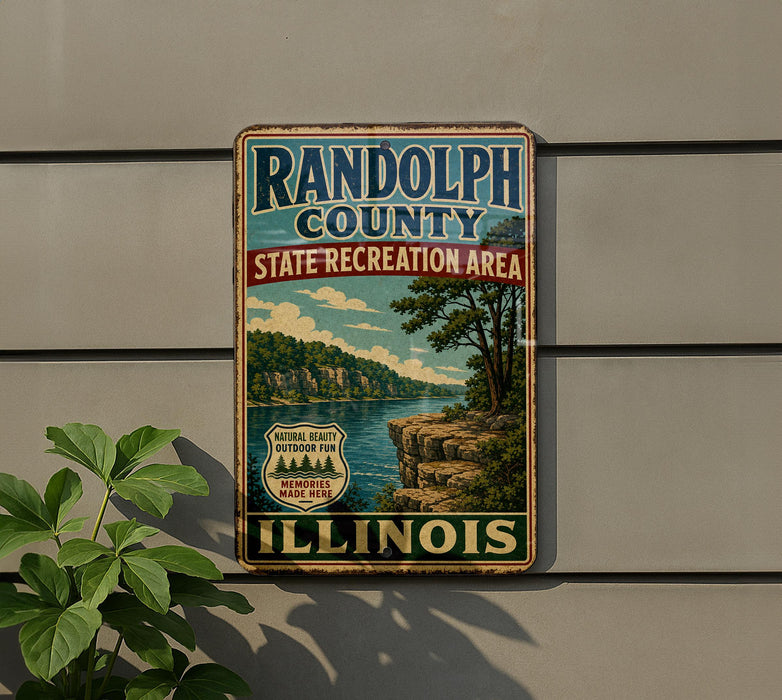 A vintage metal sign for the Randolph County State Recreation Area in Illinois, featuring a scenic landscape with a lake and mountains.