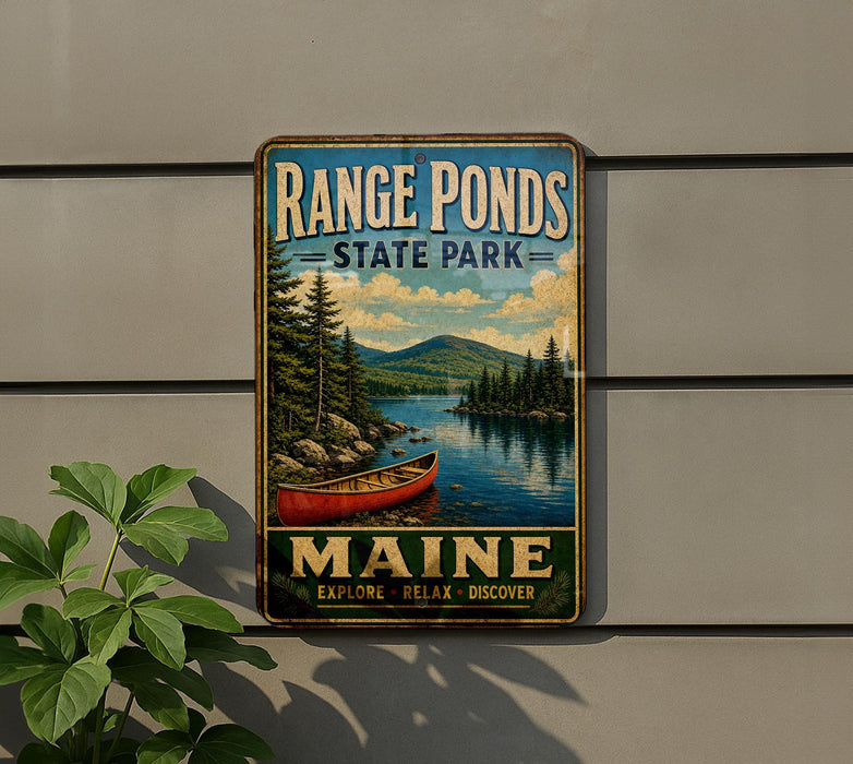 A vintage-style metal sign for Range Ponds State Park in Maine, featuring a scenic image of a lake with a red canoe and pine trees.